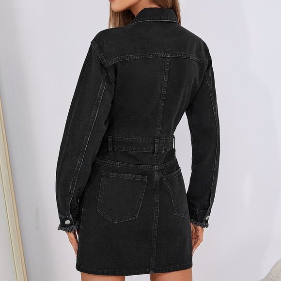 Black Casual Womens Fringe Trim Button Front Denim Dress - Picture 2 of 6